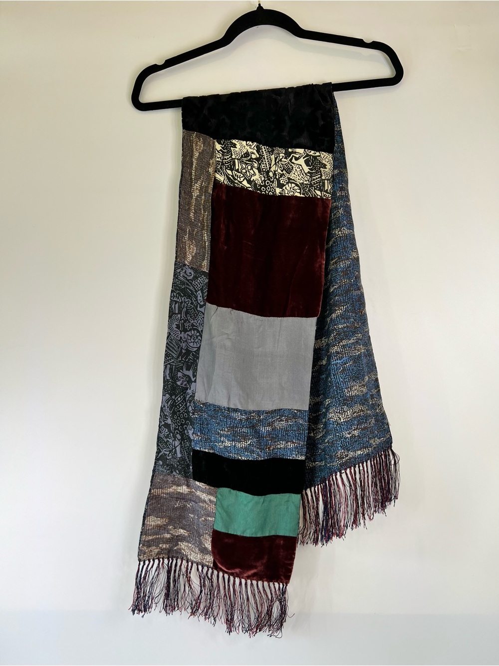 Patchwork Fringe Scarf in Burgundy, Blue Mixed Textile Design Artsy Boho Gypsy